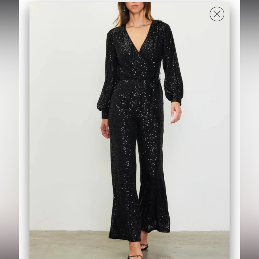Skies Are Blue Womens Black Sequined Long Sleeve Jumpsuit
